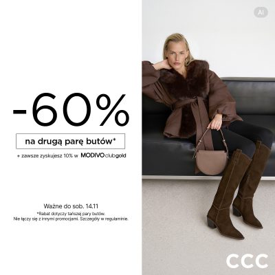 Promocja Teraz w CCC -60% na drugą parę butów! Teraz w CCC -60% na drugą parę butów!