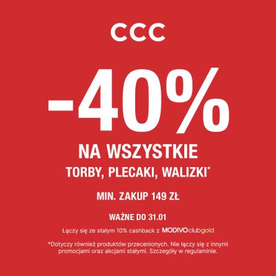 Promocja -40% na WSZYSTKIE TORBY, PLECAKI, WALIZKI -40% na WSZYSTKIE TORBY, PLECAKI, WALIZKI